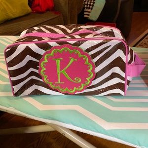Darling initial K brown/white zebra print bag outside zipper pouch pink trim